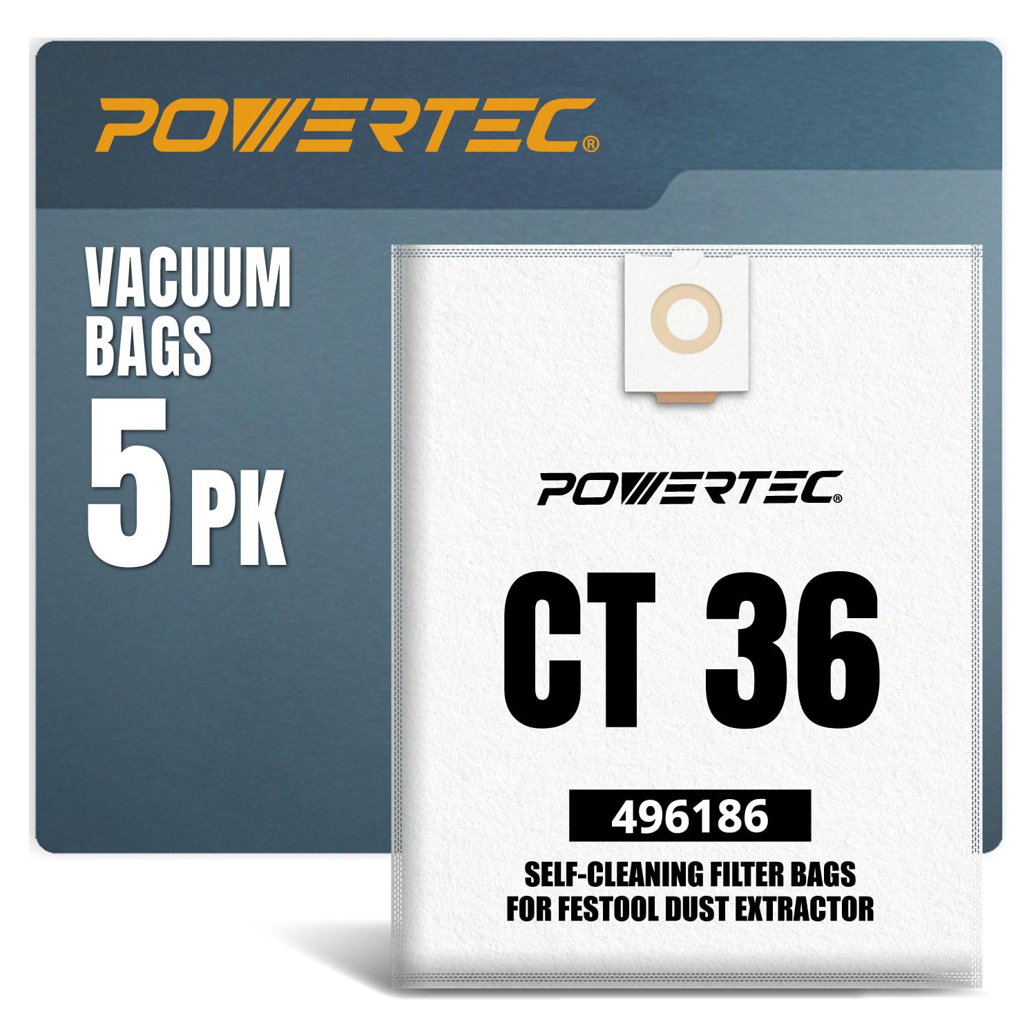 POWERTEC 75038 CT 36 Bags | Replacement Self-Cleaning Filter Bag | 5 Pack