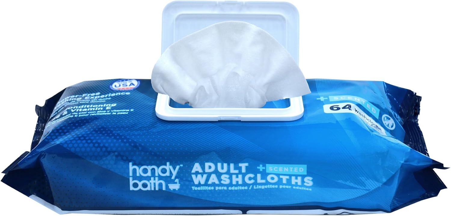 Handybath Adult Washcloths Single Pack Containing 64 Count Unscented 12X9” Thick And Durable Wipes Made With Aloe And Chamomile To Keep Skin Smooth Perfect For Senior Care or Outdoor Events: Health & Personal Care