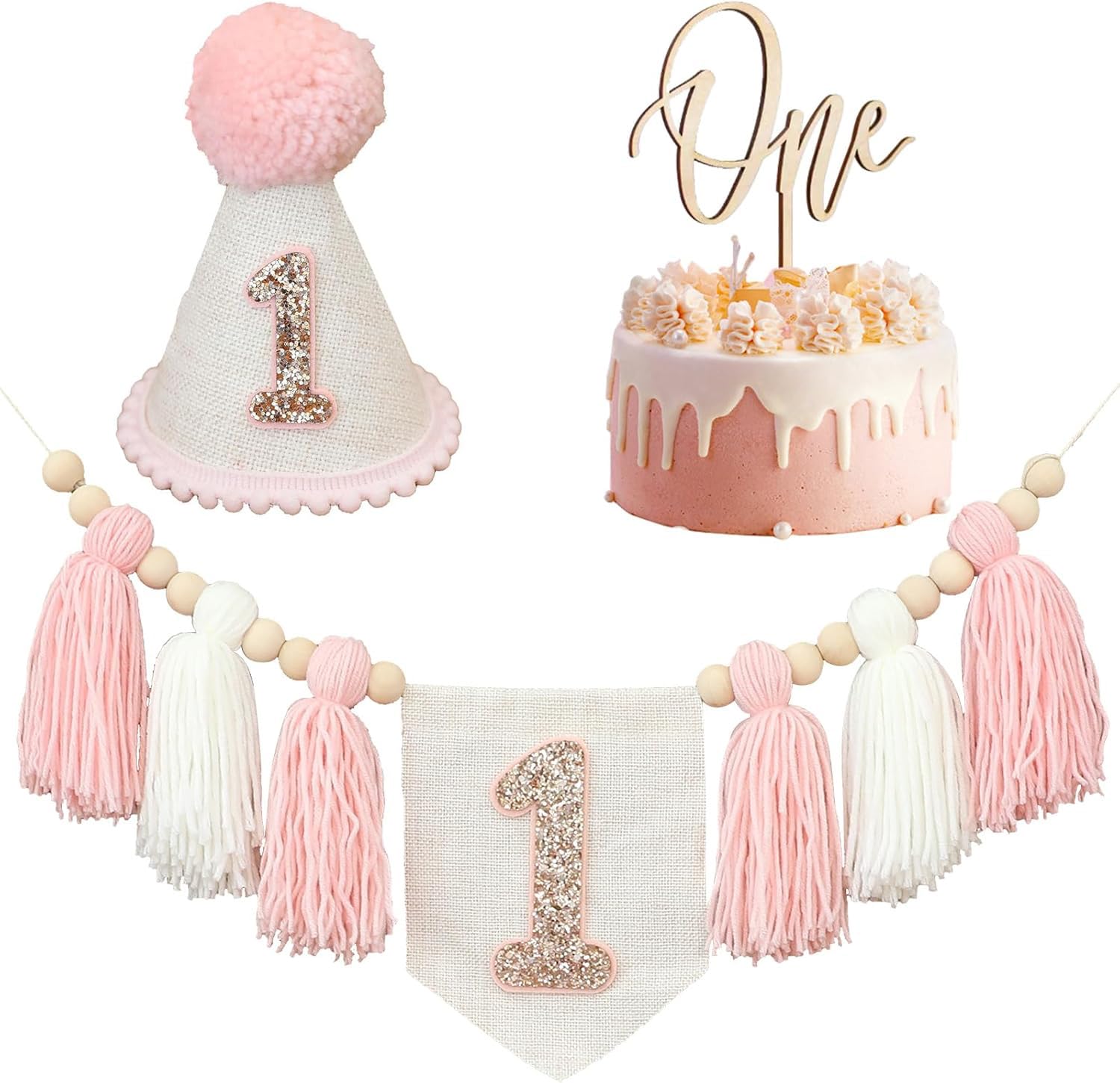 1st Birthdays Decorations Boy - First Birthday High Chair Banner Set with Crown Hat Cake Topper, 1st birthday highchair banner birth day boy birthdays Highchair Garland decorations (One Pink)