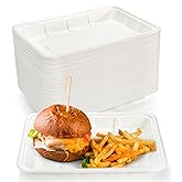 Lawei 100 Pack 9 Inch Rectangle Paper Plates, 9 x 7 Inch Disposable Food Trays, White Bagasse Paper Dishes, Heavy Duty Deep Plates for Tacos, Dessert, Snack, Salad, Pasta, Camping Picnic Party Use