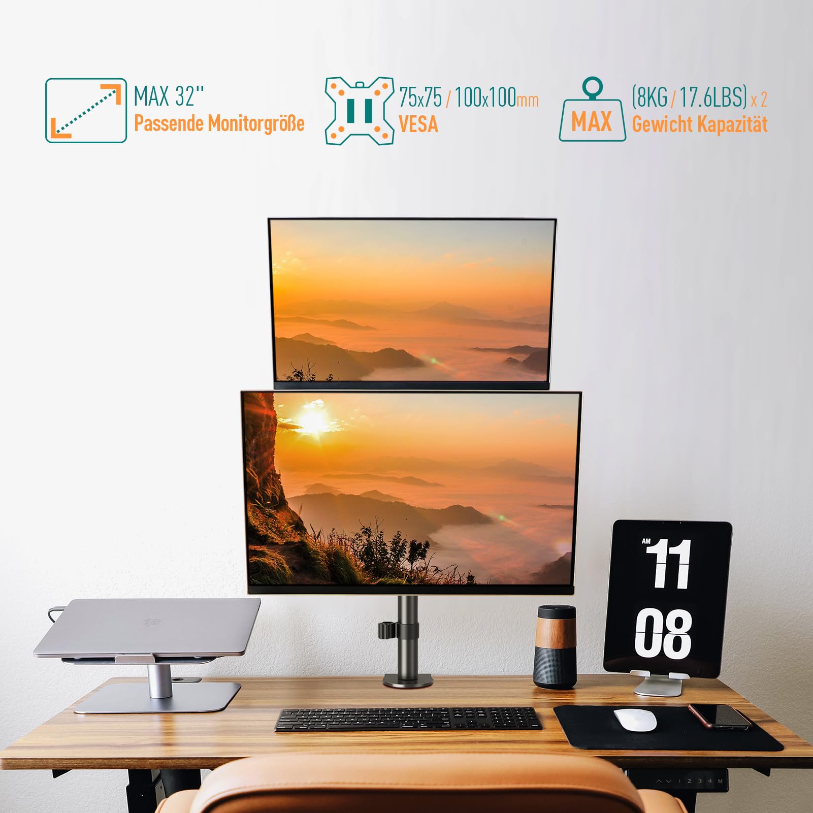 ELIVED Vertical Monitor Halterung 2 Monitore, 80cm Stange für 13-32 Zoll Monitore bis zu 8kg, Dualer Monitorständer Stack Bildschirmhalterung, Höhenverstellbar, Schwenkbar, Neigbar, EV4012 2