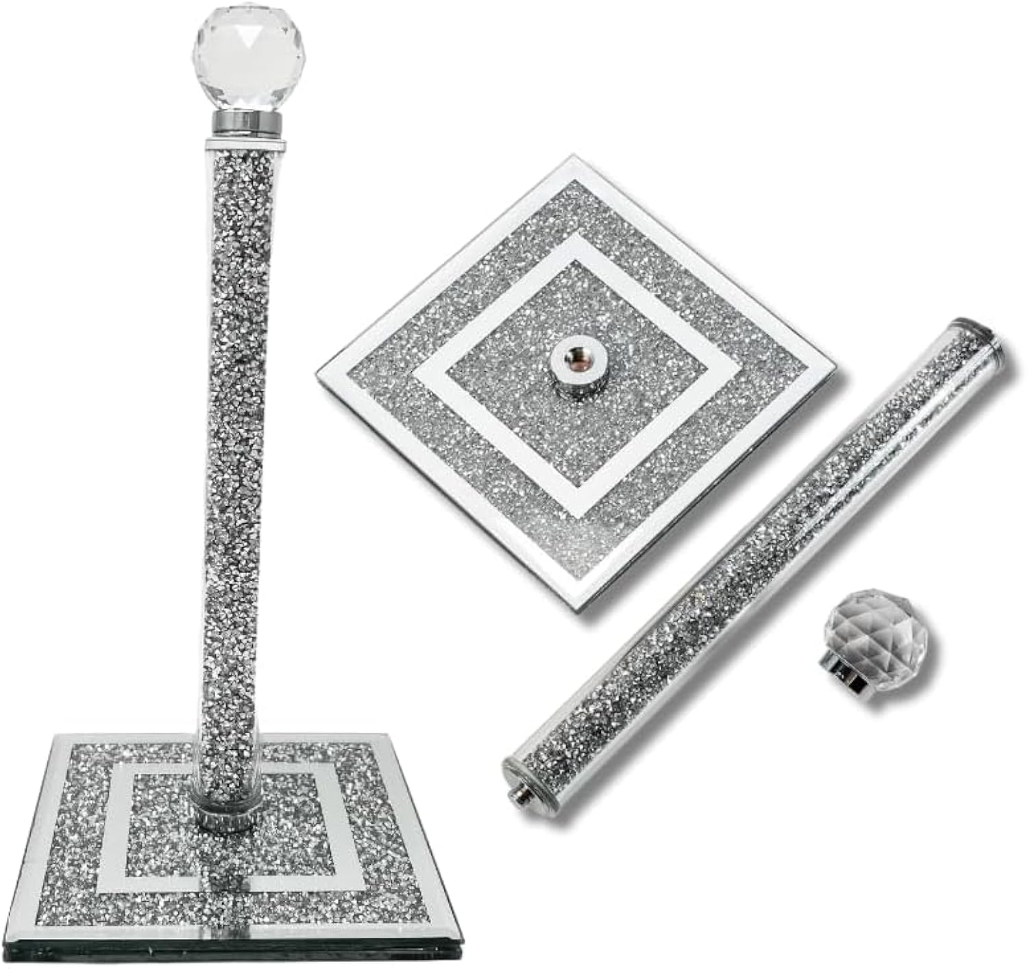 Crushed Diamond Ornaments Silver Crystal Filled Kitchen Roll Holder, 31cm, Diamante Freestanding, Chrome Wall Mounted/Tissue Towel Stand, Home Decor,Tissue Holder, Accessories
