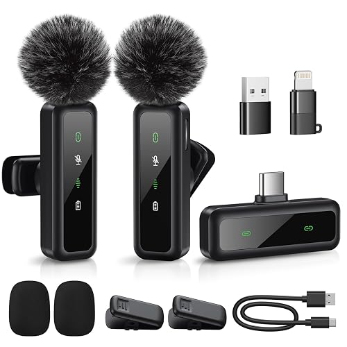Mini Microphone, Wireless Lavalier Microphone for iPhone, iPad, Android, 2-Pack Mini Mic with Noise Reduction, Auto Pairing and Mute & Reverb for Vlogging, Video Recording, Live Streaming, Interview
