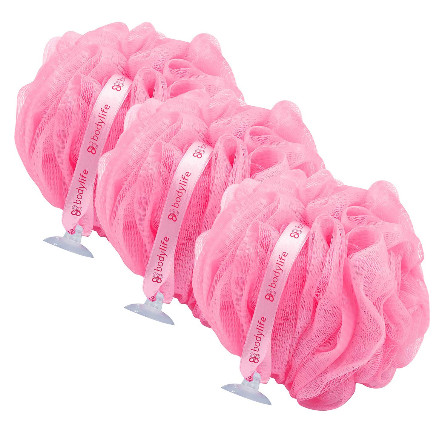 Bodylife Body Buffer, Puff, Exfoliating Bath & Shower Body Pouf, Scrunchie, Body Scrubber Flamingo Pink 55g Triple Pack