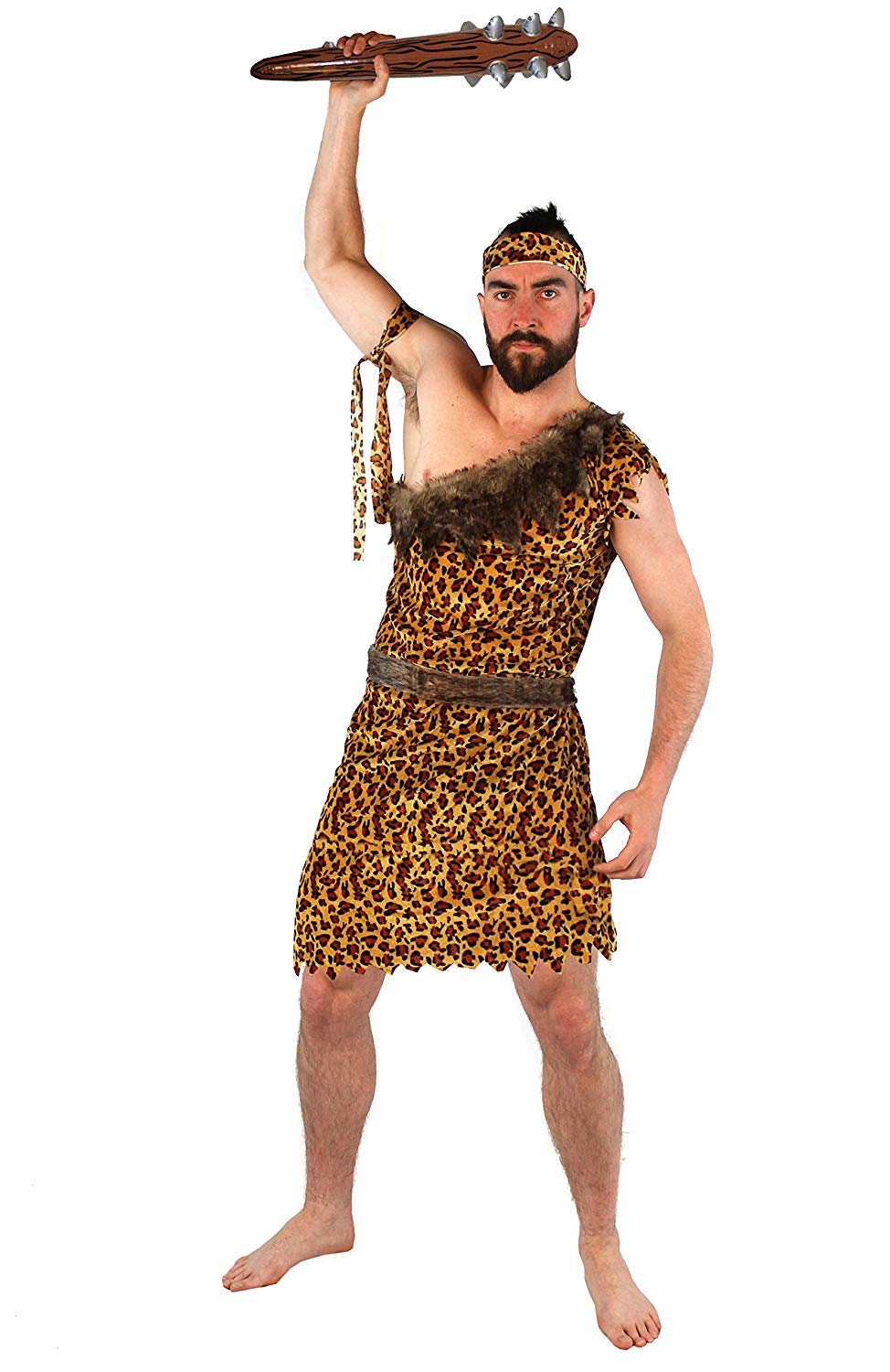 MENS CAVEMAN FANCY DRESS COSTUME - DELUXE CAVEMAN LEOPARD PRINT TUNIC + MATCHING HEADBAND & ARMBAND + FAUX FUR BELT - PERFECT FOR FANCY DRESS PARTIES - SIZE: SMALL