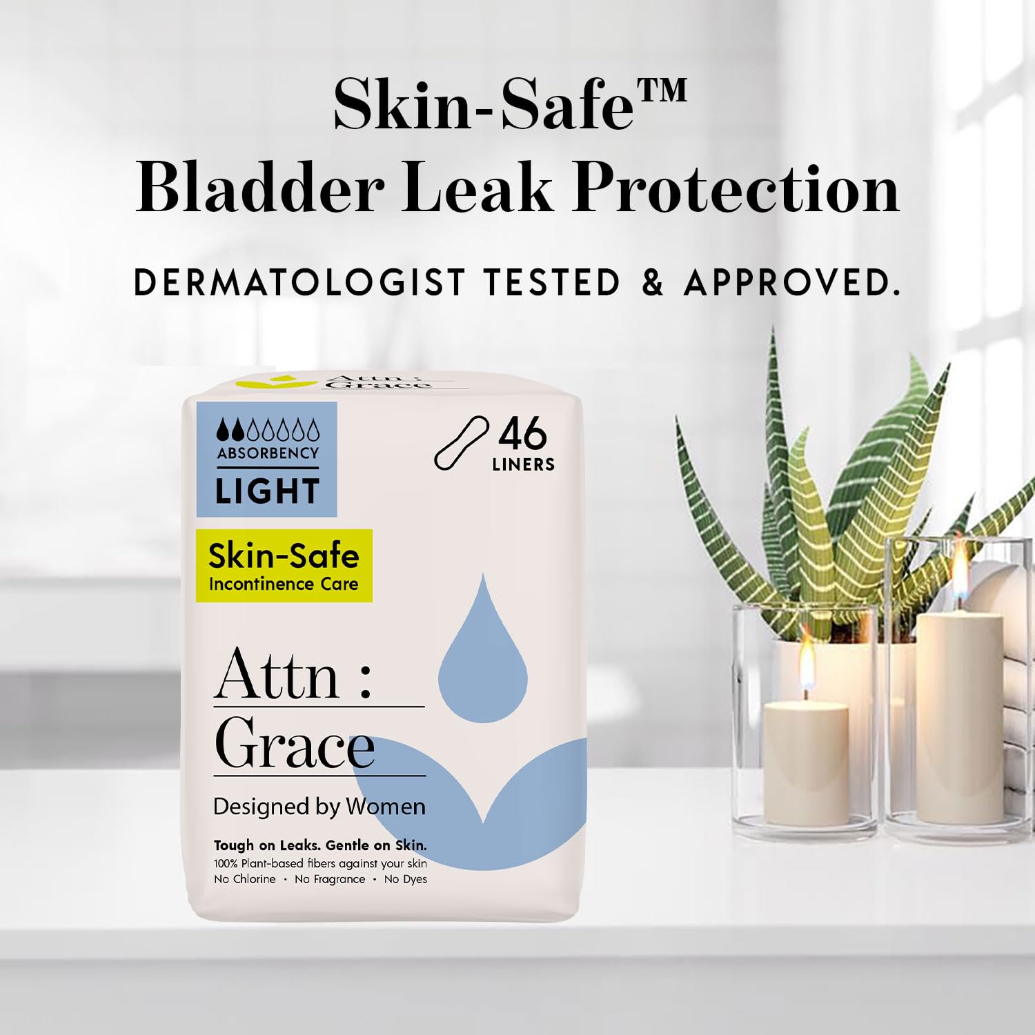 Attn: Grace Panty Liners for Women - 46 Liners – for Light Urinary Incontinence, Bladder Leakage or Postpartum - 100% Breathable & Plant-Based Materials Active Odor Control - Free from Harsh Chemicals