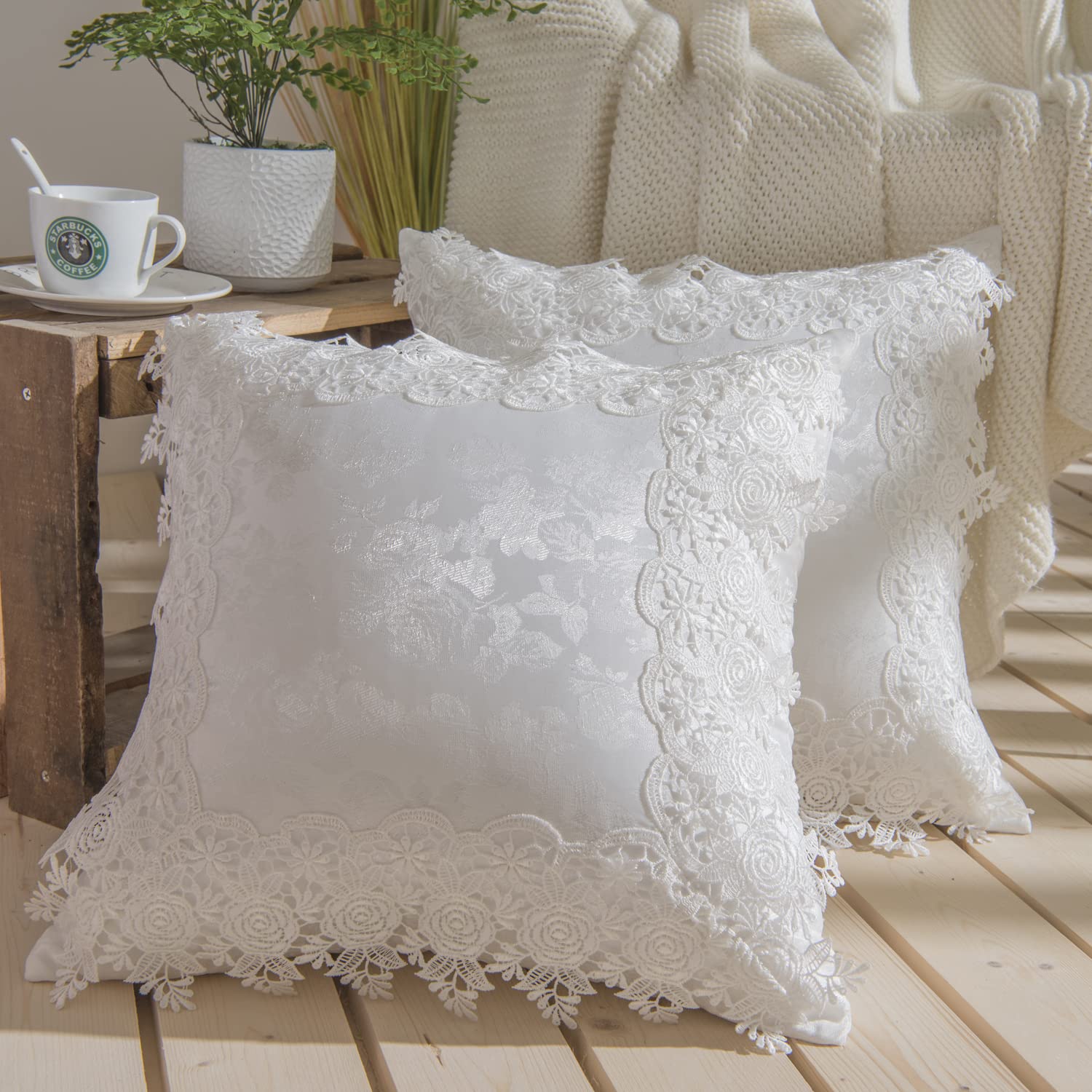 Jacquard Throw Pillow Covers, French Embroidery Lace Decorative Cushion Covers for Couch, Sofa,Ruffle Design,Farmhouse Home Decoration,18x18 Inch 45x45 cm Set of 2 (Jacquard White, 18x18 Inch)