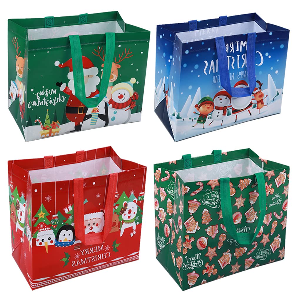 DOJoykey 4pcs Christmas Bags with Handle, Reusable Tote Bags Grocery Bag Non-woven Shopping Bag for Xmas Gift Wrapping