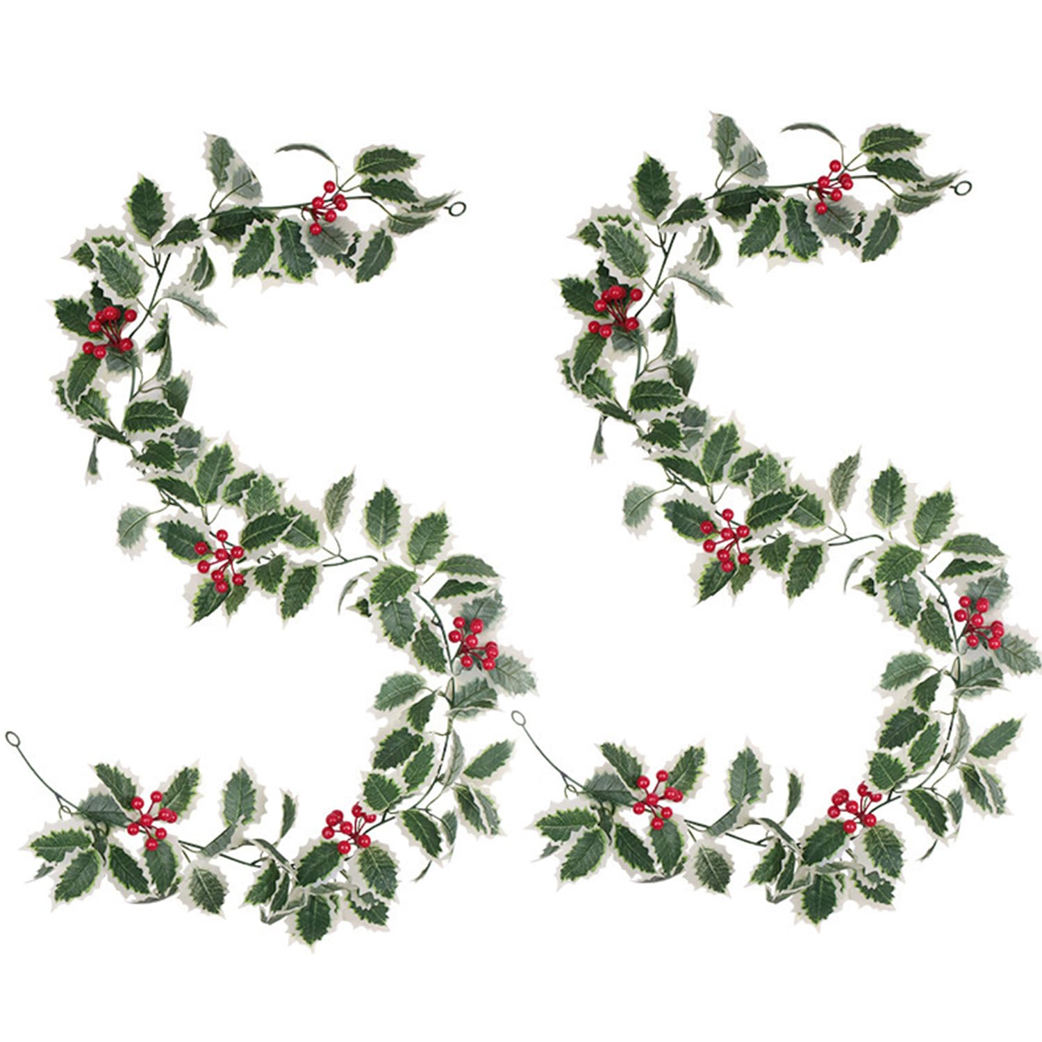 2 Pcs Festive Berry Christmas Garland – 200cm Artificial Pine with Holly Leaves & Red Berries, White-Edged Green Winter Door Decoration, Holiday Greenery for Mantel & Staircase