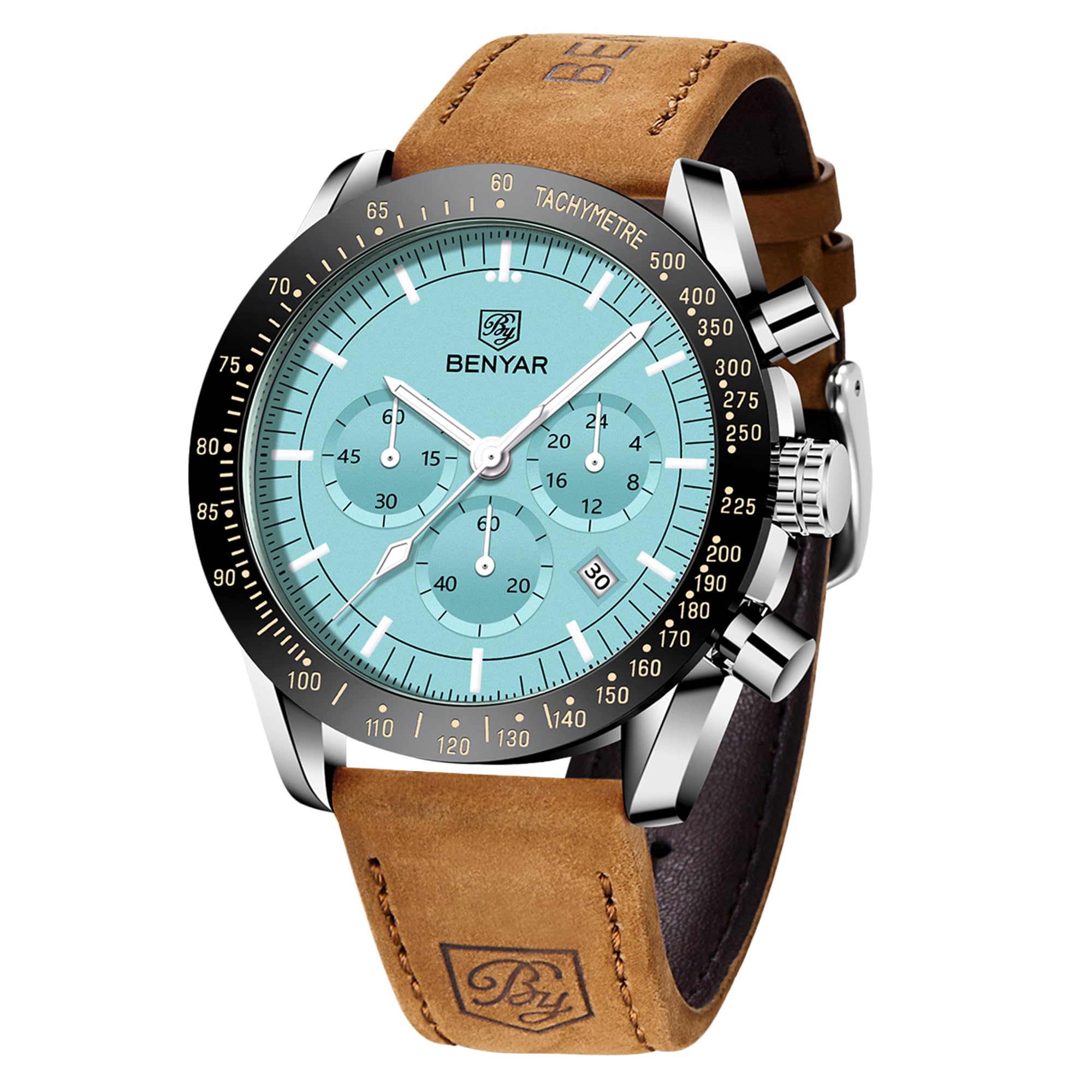 BENYAR Mens Watches Analog Quartz Chronograph Waterproof Luminous Watch for Men Business Work Sport Casual Brown Leather Band Dress Men's Wrist Watches Elegant Gifts for Men