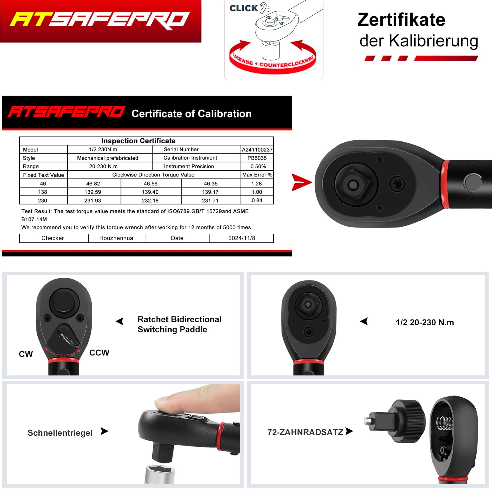 ATsafepro Drehmomentschlüssel 1/2",20-230Nm Drehmomentschlüssel auto mit 3/8" Adapter Verlängerungsstange,±3% Fehlergenauigkeit 72 Zähne torque wrench für die Reparatur von Auto, Motorrad, LKWs 4