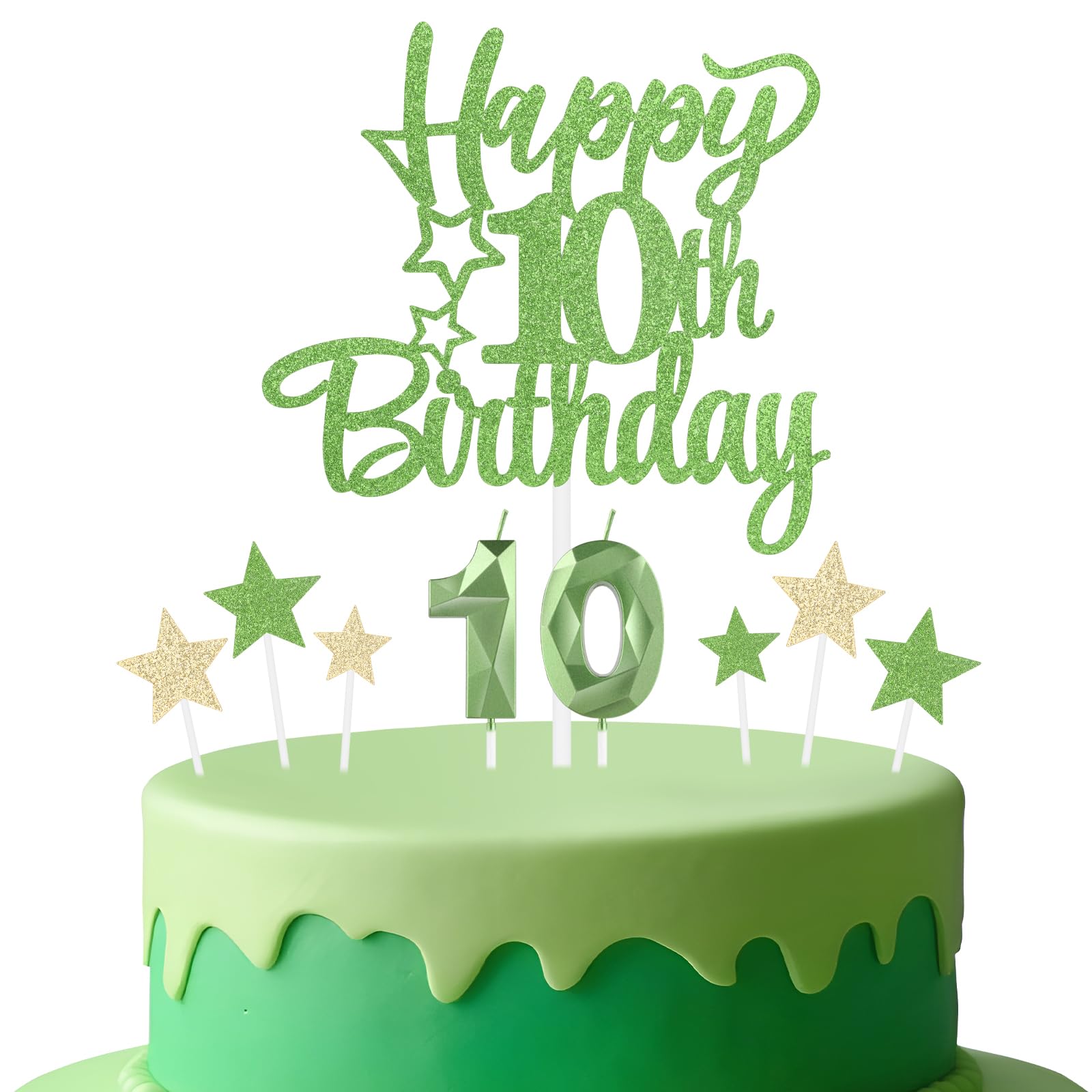 mciskin Tender Green 10th Birthday Candles Cake Toppers Set,3D Number 10 Candle for Cake,Light Green Candles Yellow Star Toppers for Girls Boys 10th Birthday Decorations Party Supplies