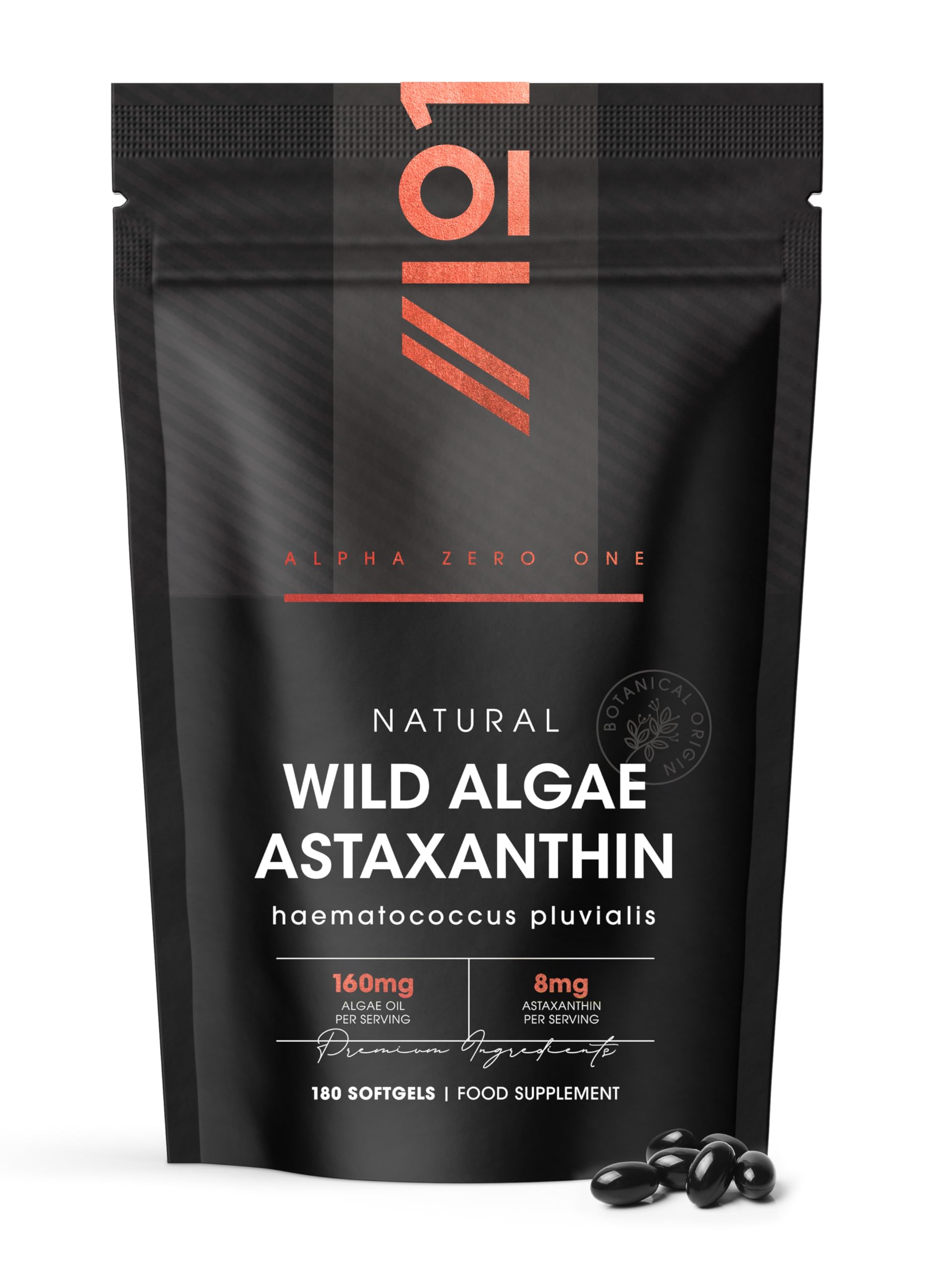 Wild-Algae Astaxanthin 160mg - Providing 8mg Astaxanthin Antioxidant - 180 Softgels - Resealable and Recyclable Pouch by Alpha01