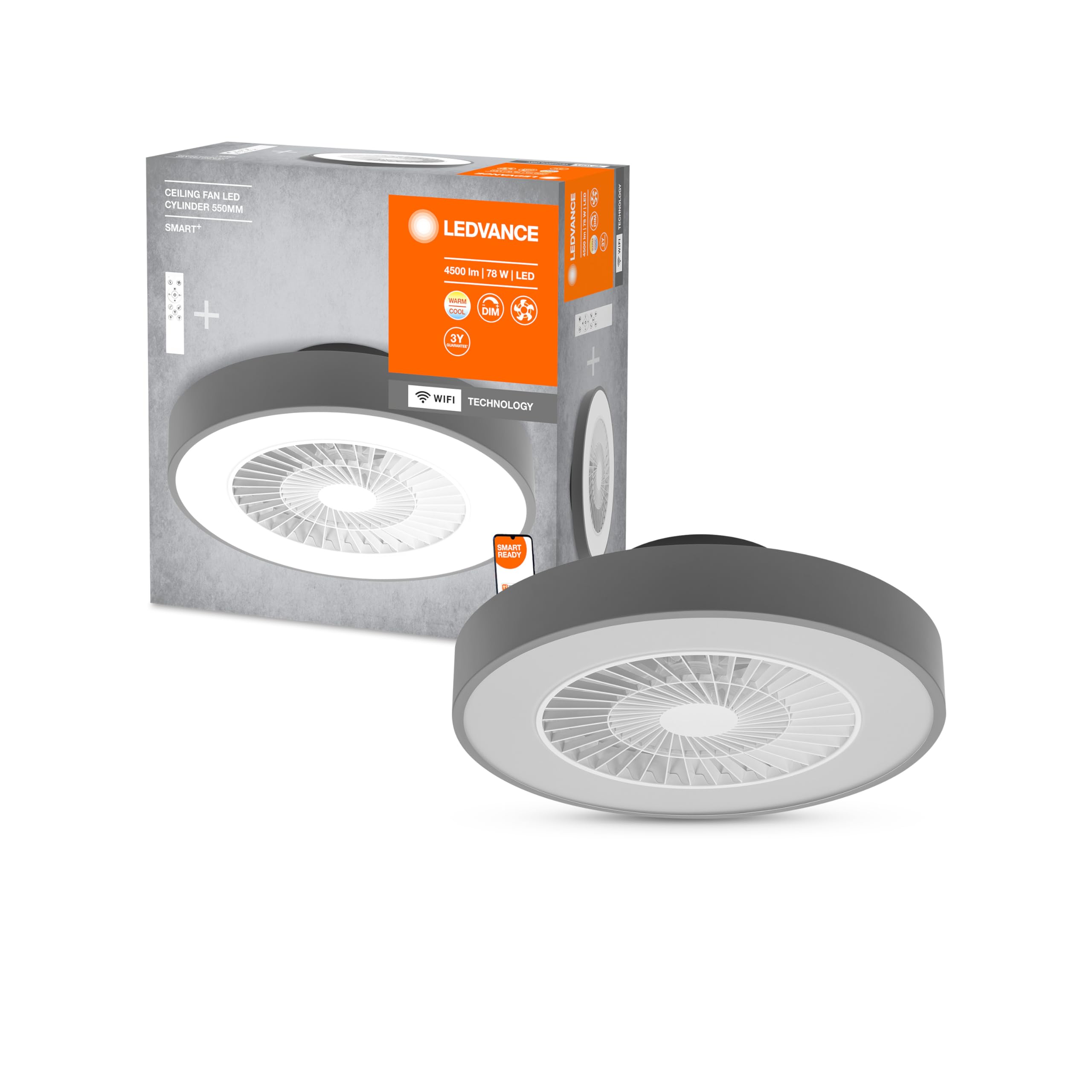 LEDVANCE Smart WiFi LED luce del ventilatore da soffitto, a forma di cilindro, grigio, dimmerabile, velocità dell'aria regolabile, telecomando incluso, controllabile tramite app e assistente vocale