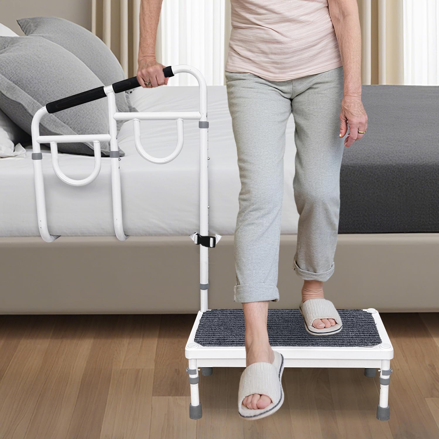 Photo 1 of Bed Step Stool with Rail for High Beds Adults Elderly Bedside Assist Step Up Foot Stool with Handle Medical Bed Stairs Helper Stepping Stool with Handrail Bed Railing Handicap Wide Step Ramp - 400lb