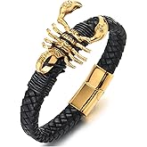 COOLSTEELANDBEYOND Men Gold Color Steel Scorpion Braided Black Leather Bangle Bracelet with Cotton Rope Magnetic Clasp