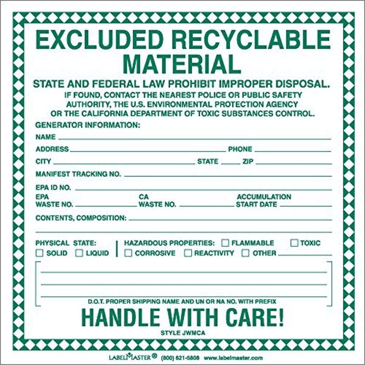 Labelmaster Jwmca Excluded Recyclable Material Label Pack Of 100 Amazon Com Industrial Scientific