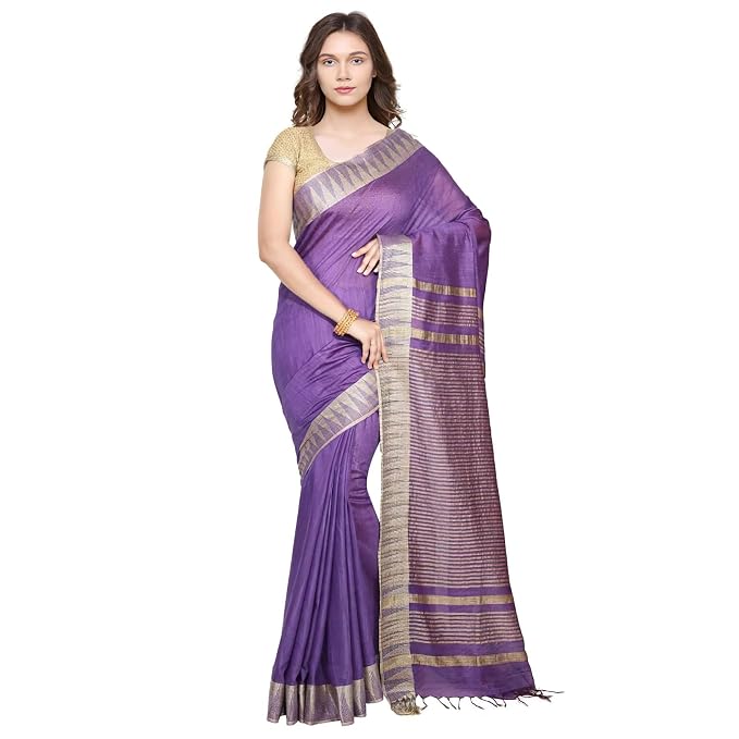 Womens Bhagalpuri Kota Silk Purple Saree With Plain Temple Border Running Blouse Piece