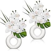 Briful Fake Orchid Flowers with Ceramic Vase 2PCS White Orchid Silk Flowers Arrangement Artificial Orchid Plants for Home Office Party Wedding Dining Room Table Centerpiece Decor