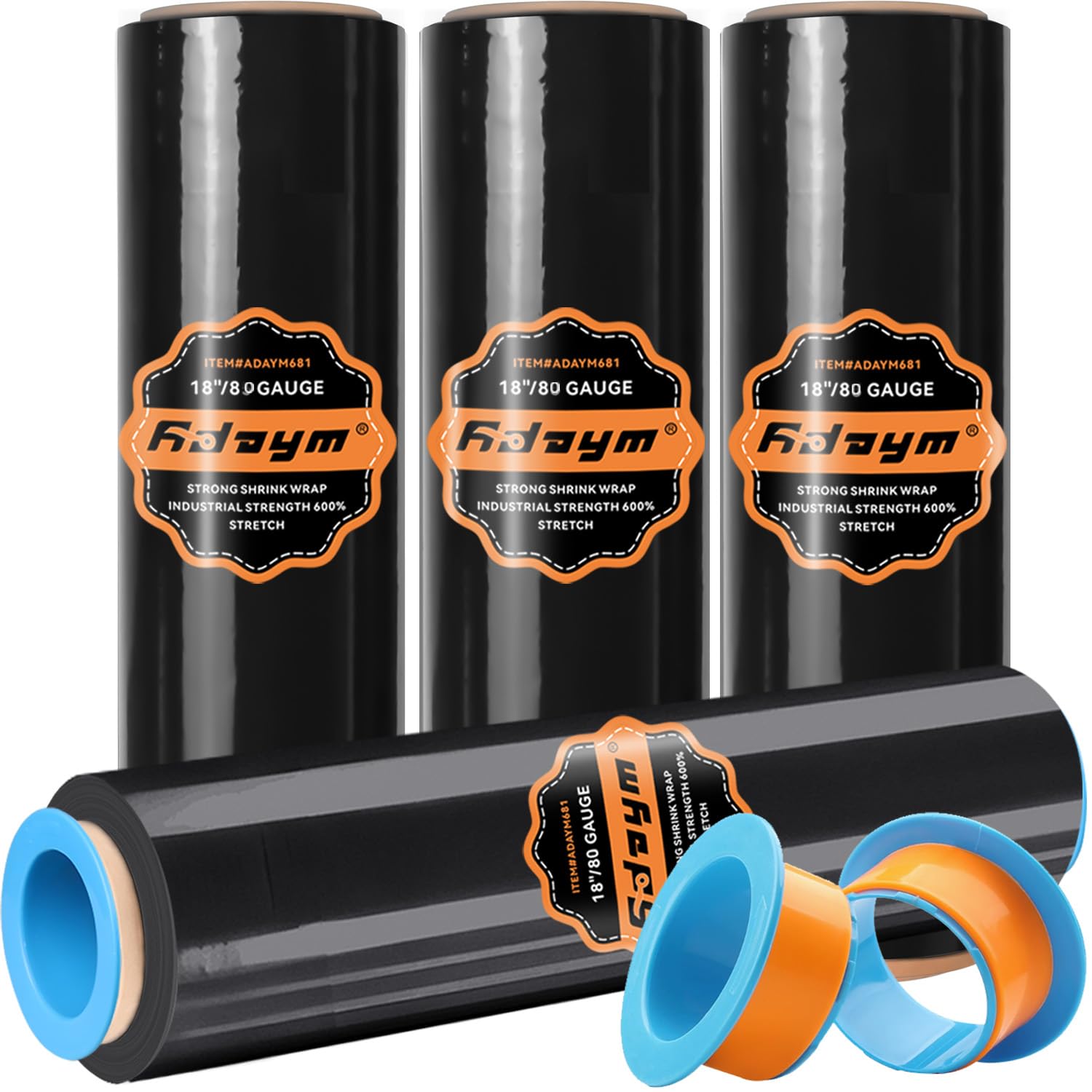 Photo 1 of ?ADAYM 18" x 1500' Stretch/Shrink Wrap Roll (4 Rolls) - Black Plastic Wrap for Moving, Heavy Duty 80 Gauge, 600% Stretch for Packing, Pallets, Shipping&Furniture Protection? with Handles