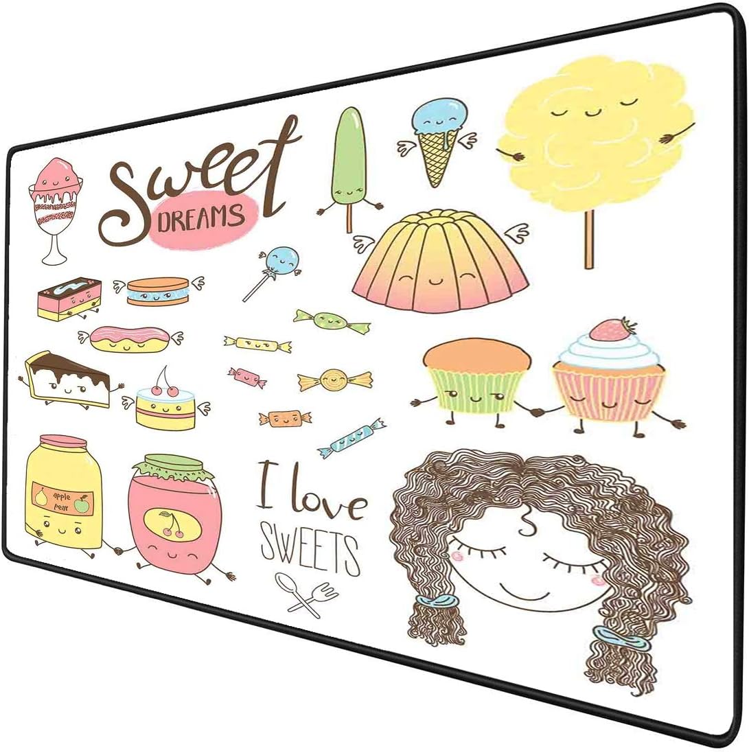 Mouse Pad Gaming Functional Sweet Dreams Thick Waterproof Desktop Mouse Mat Teen Girl Dreaming About Sweets Food Doodle Characters Kawaii Cartoon Faces,Multicolor Non-slip Rubber Base