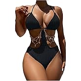 OYOANGLE Women's Ring Linked Cut Out One Piece Swimsuits Textured Tie Backless Halter Bathing Suit Monokini