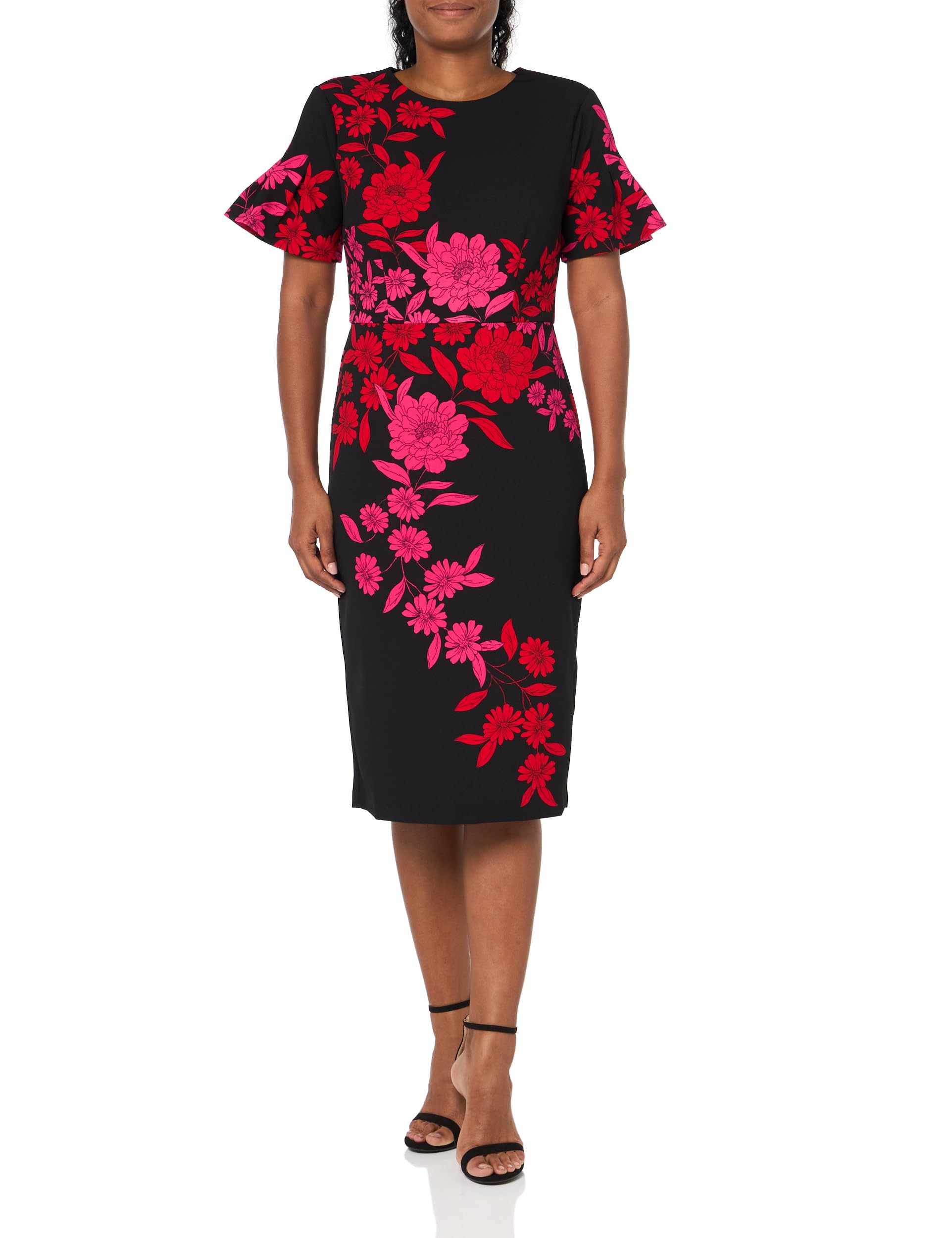 London Times Women’s Dresses Jewel Neck Flutter Sleeve Emotional Flattering Polished Chic Midi Length Sheath Dress