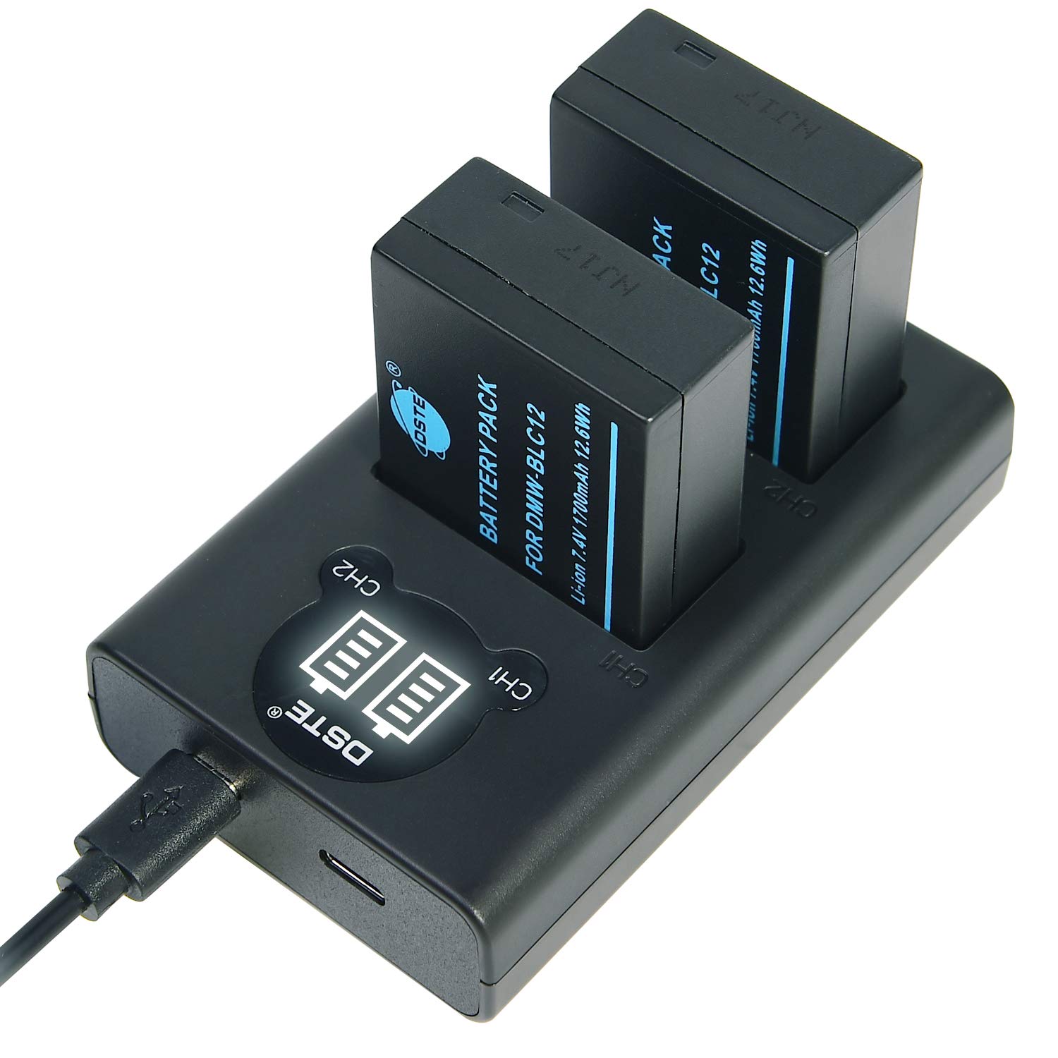 DSTE® 2 Pack DMW-BLC12 DMW-BLC12e Battery + Dual USB Quick Charger Kit for Panasonic Lumix DMC-GH2 DMC-FZ330 DMC-FZ200 DMC-FZ200GK DMC-FZ1000 V-LUX4 Leica Q Cameras as DMW-BLC12PP BP-DC12 Sigma BP-51