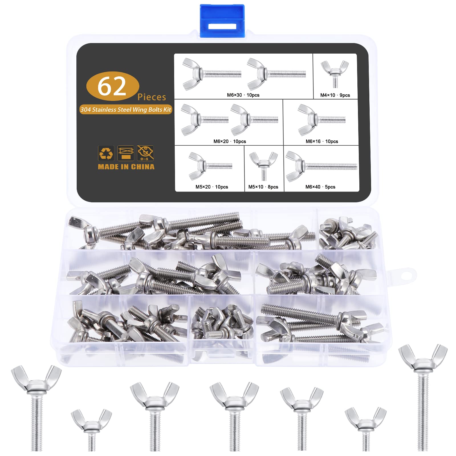 Gueenky 62PCS Wing Nut and Bolt Set, M4 M5 M6 Butterfly Bolts Wing Screws Wingnuts Stainless Steel, 7 Sizes Butterfly Screws with Nuts Assortment