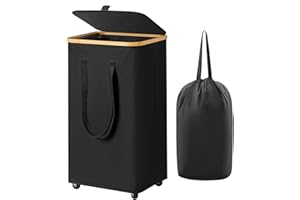 CHRISLLEY Chirslley 100L Large Laundry Basket with Wheels,Tall Laundry Hamper with Lid and Removable Liner Bag, Foldable Clothes Hamper Organizer with Bamboo Handles for Bathroom, Dorm, Bedroom, Black