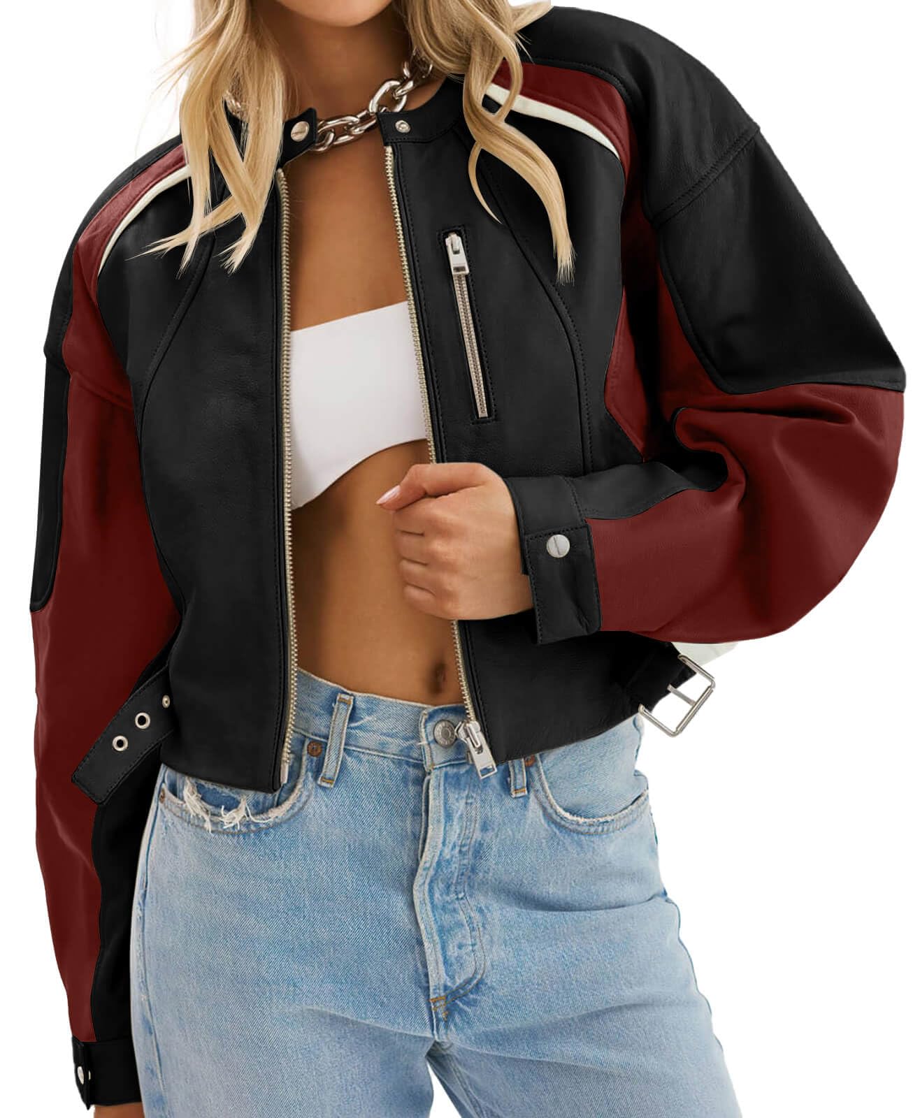 Zip Up Faux Leather Bomber Jacket