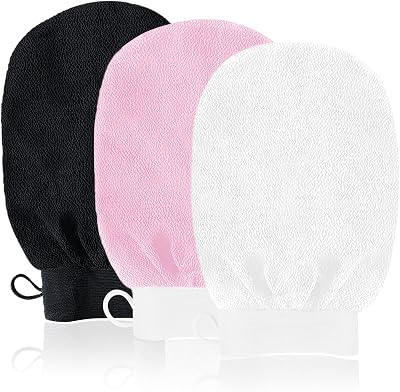 URAQT Exfoliating Gloves 3 Pack Dual-Sided Body Scrub Mitts White Pink Black