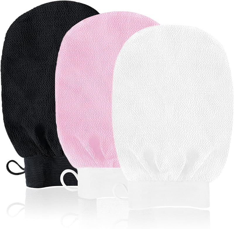 URAQT Exfoliating Gloves 3 Pack Dual-Sided Body Scrub Mitts White Pink Black