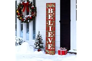 ARTDMT Winter Believe Porch Board Welcome Sign for Front Buffalo Plaid Door Porch Deck Patio or Wall - Indoor Outdoor Decorative Farmhouse Rustic Vertical Porch and Yard Decor - 47.2"H