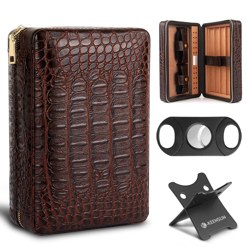KEENSUN Cigar Case- 4-Finger Black Brown Crocodile Pattern PU Leather Travel Cedar Wood Cigar Humidor with humidifier,Cigar Cutter and Cigar Holder Great Gift for Men