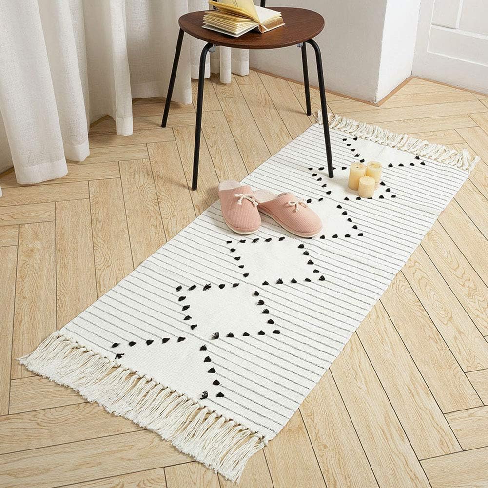 Boho Bathroom Runner Rug Small Fringe Rug for Kitchen Bedroom, Cotton Woven Tassel