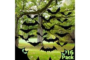 LCHUANG Hanging Bats Halloween Decorations Outdoor - 16 Pack Glowing Eyes Large Flying Bats 5 Different Size, Waterproof Plastic Realistic Black Bats Hanging in Tree Outside Halloween Decoration for Porch