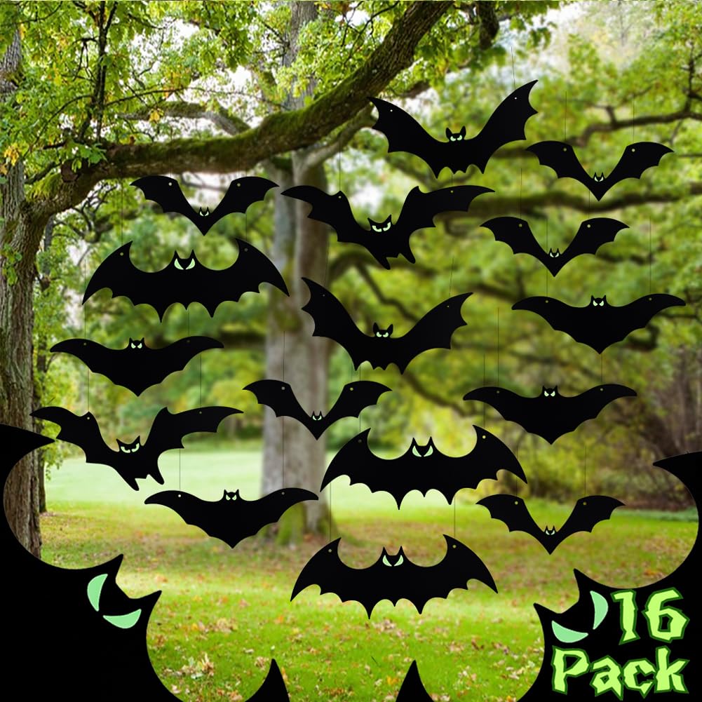 Photo 1 of Hanging Bats Halloween Decorations Outdoor - 16 Pack Glowing Eyes Large Flying Bats 5 Different Size, Waterproof Plastic Realistic Black Bats Hanging in Tree Outside Halloween Decoration for Porch