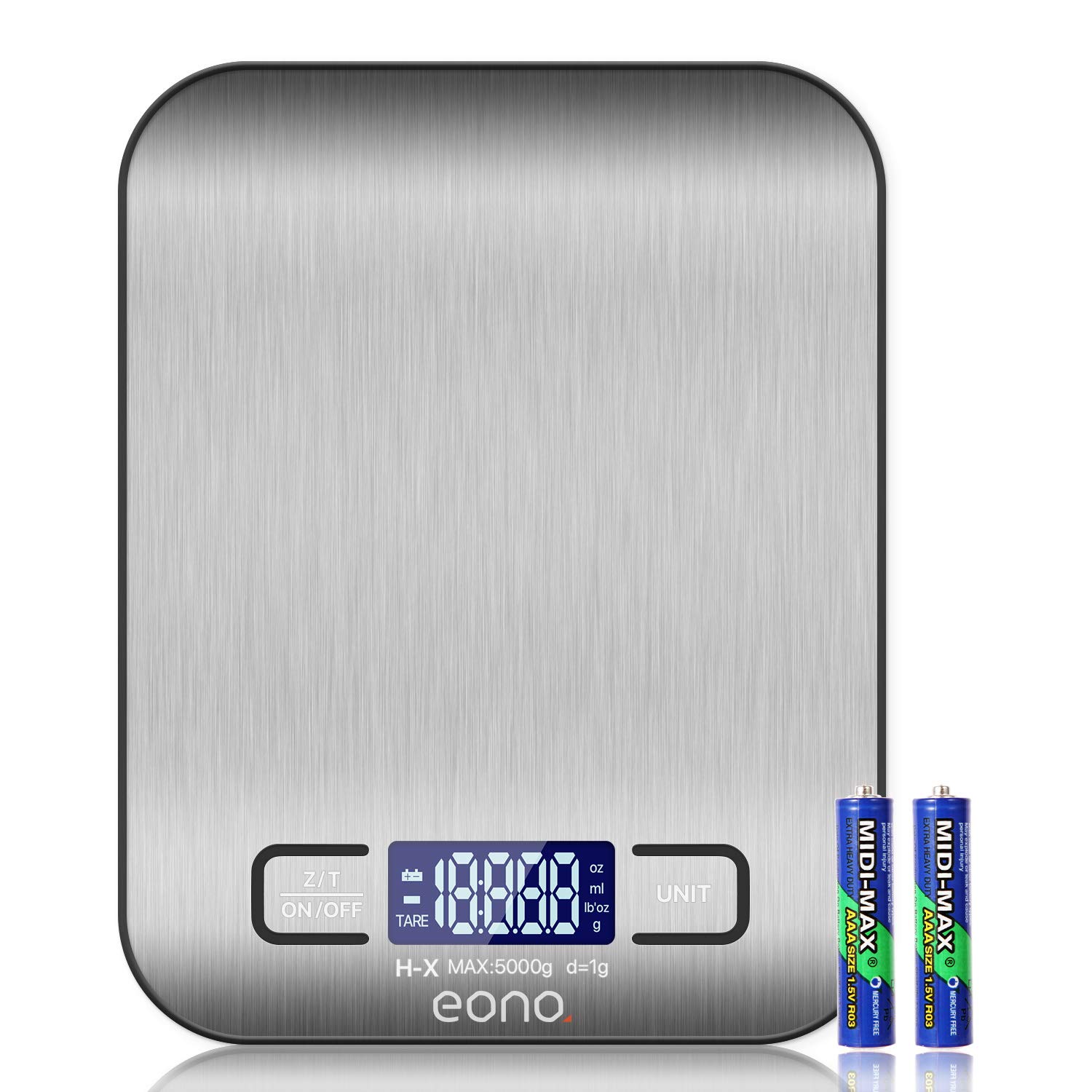 Eono by Amazon - Digital Kitchen Weighing Scale, Premium Stainless Steel Food Scales Weight Grams and Oz for Baking and Cooking 5KG/1g- 15Yr Guarantee