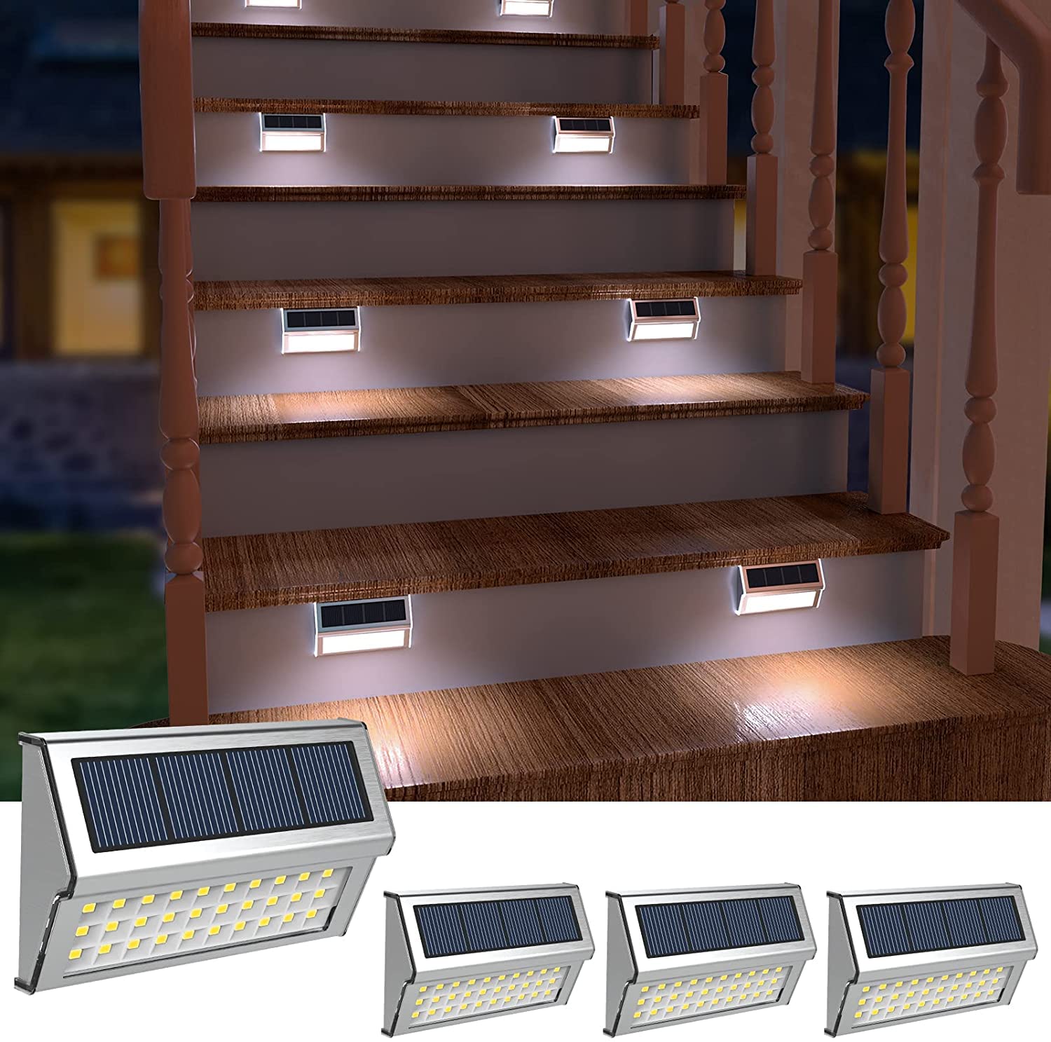 GVOREE 【Upgraded 30 LED】 Solar Fence Lights, Stainless Steel Decorative Lights LED Garden Lights,Waterproof Step Lights Wireless Outdoor Lights for Stair, Wall, Patio, Yard, Path, Fence, 4Pack — image 1