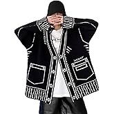 Shebote Women Print Graffiti Unique Cardigan Sweater Y2k Fake Pocket Long Sleeve Button Up Open Front Knit Sweaters Coat