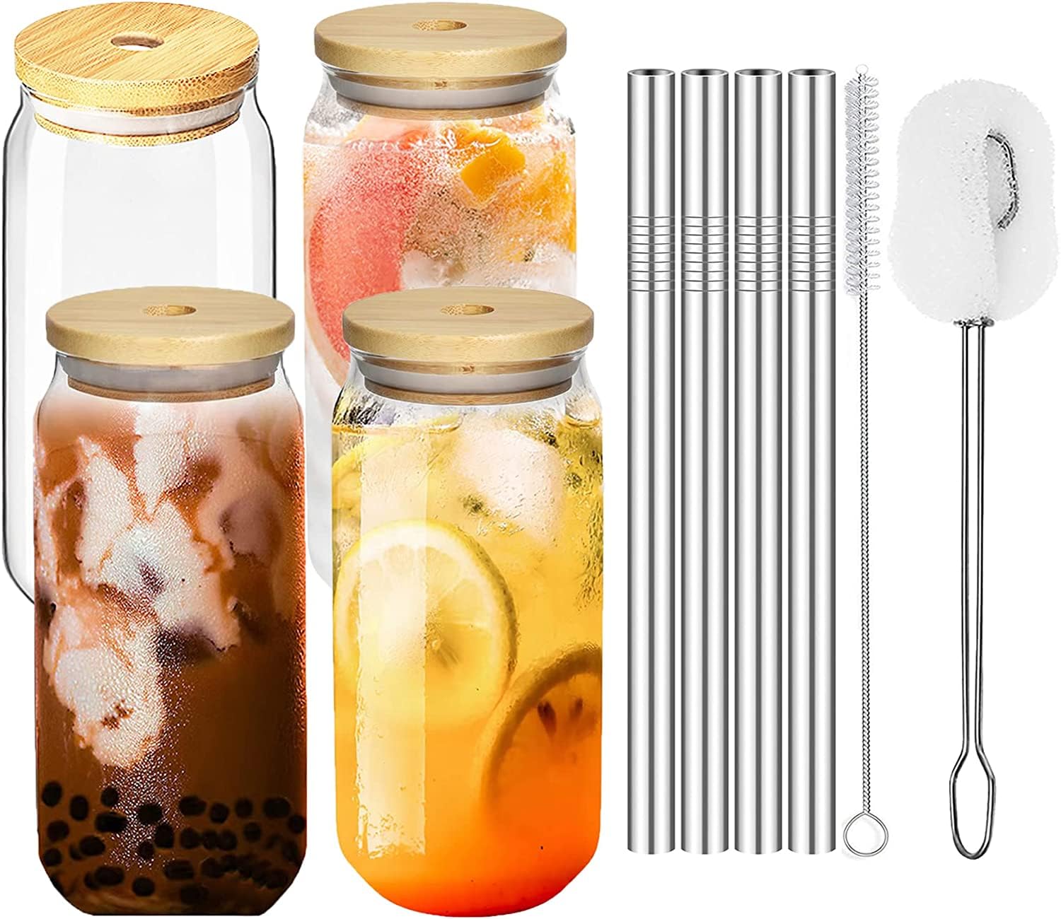 4 Set Drinking Glass with Bamboo lid, Straws, Sleeves 16oz- Iced Coffee Cup, Beer, Bubble Tea, Boba, Smoothie, Cocktail (Mix)
