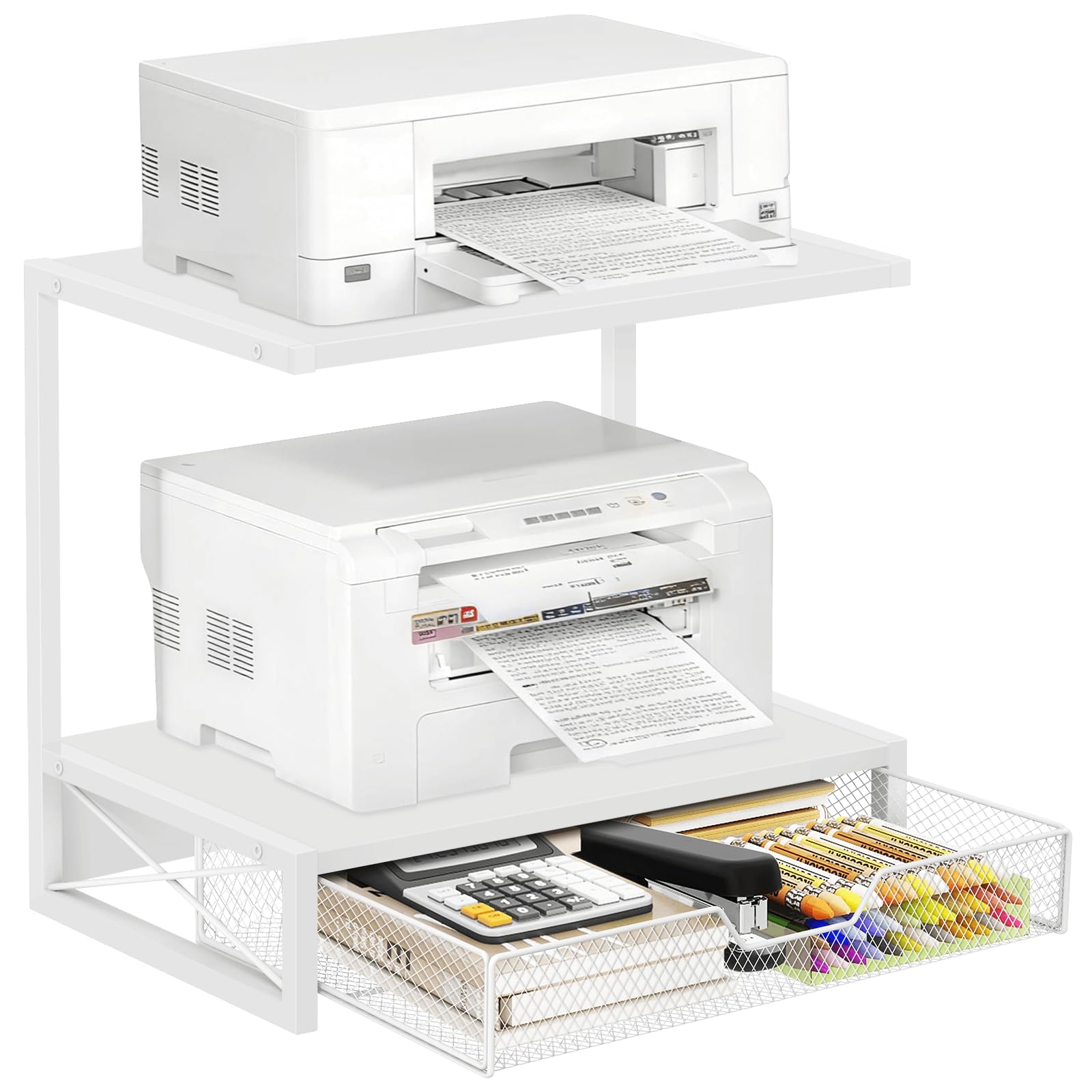 Photo 1 of ELITEROO Printer Stand for Desk with Storage Drawer, 2 Tier Desktop or Under Desk Shelf, Wood Desktop Organizer for Home Office, Fits 3D Printer, Scanner, Fax Machine, Cricut, White