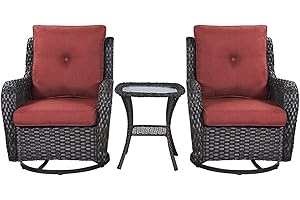 Rilyson Patio Chairs Rocking Swivel Chiar - 3 Piece Outdoor Wicker Patio Bistro Set Rattan Rocker Glider Chairs with High Back and Deep Seating for Outside Porch Deck Garden(Brown/Red)