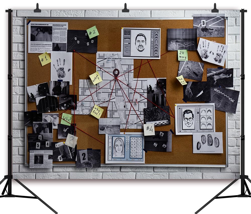 Photo 1 of DULUDA 7x5 FT Spy Theme Detective Inference Backdrop agent Spy Theme Suspect Police Office Clue Evidence Secret Murder Mission Party Photography Decorations Photo Booth Props, Clear
