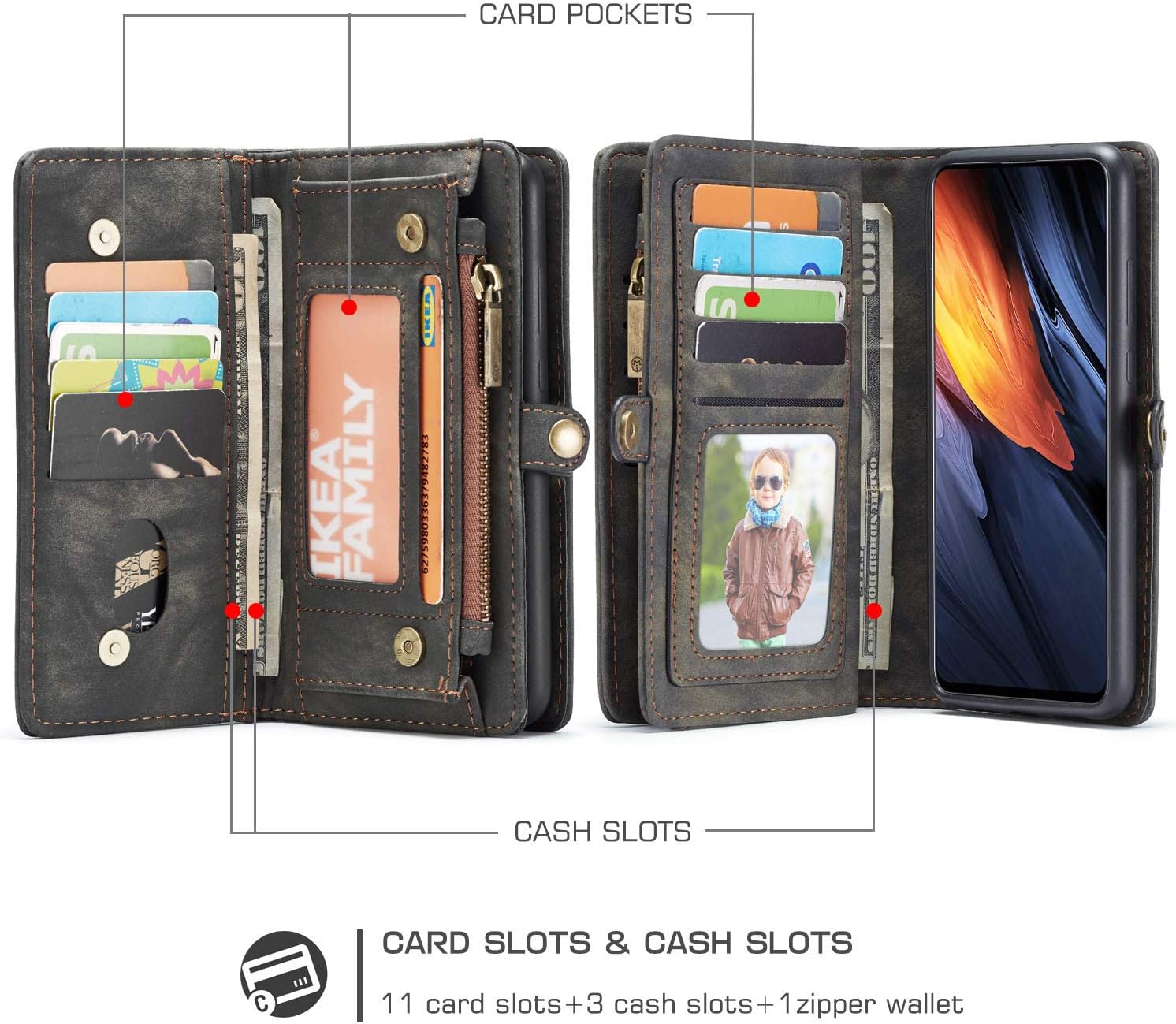 ANROD Detachable Leather Wallet Case for Samsung Galaxy A71,CaseMe Magnetic Closure 2-in-1 Flip TPU Shockproof Zipper Purse Back Cover with Card Slots (Black) - Image 4