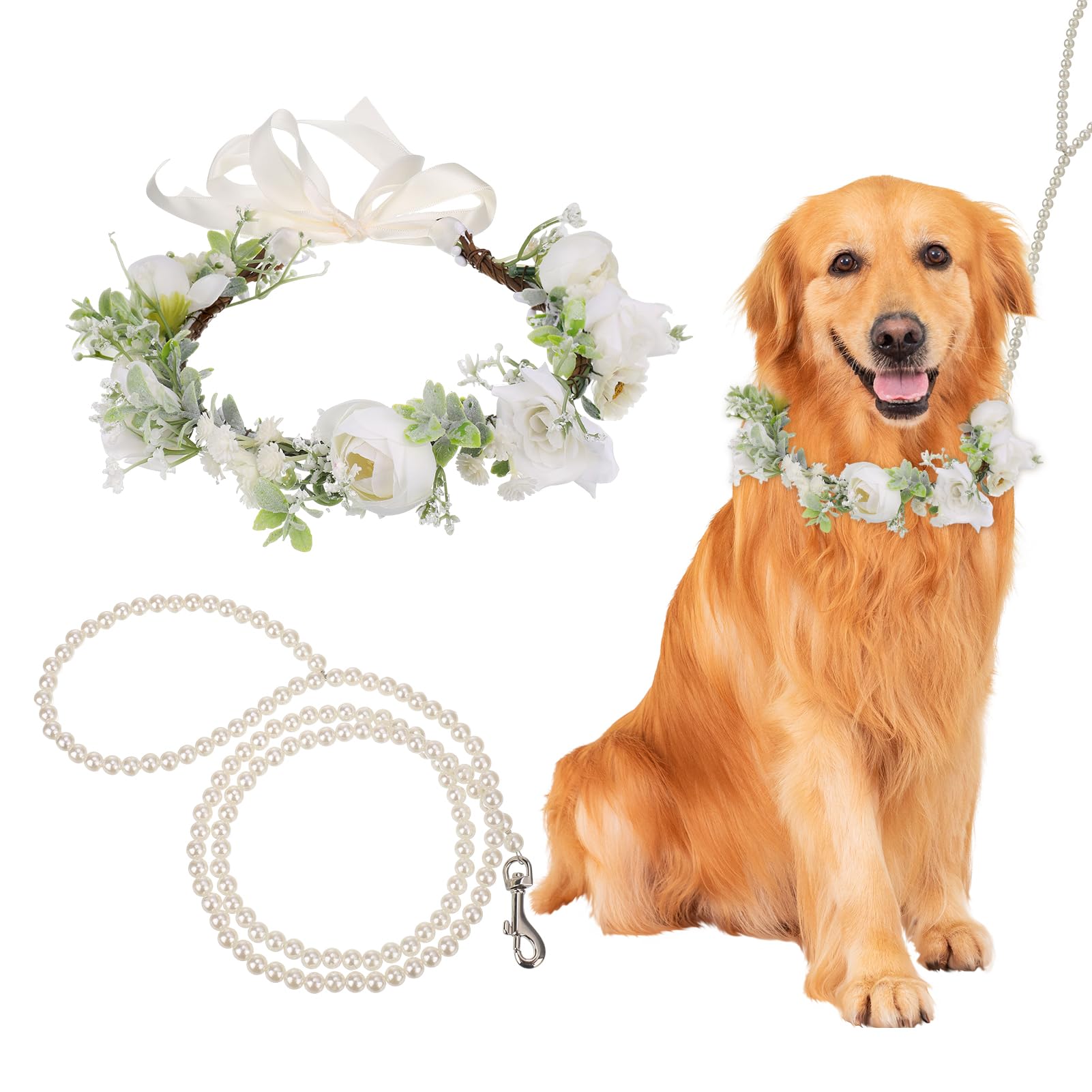 Photo 1 of Dog Wedding Flower Collar with Pearls Beaded Leash,Elegant Dog Flower Headband,Dogs Wedding Attire Wreath Bow,Pet Photo Prop (Large)