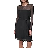 DKNY Womens Long Sleeve Jewel Neck Mini Ruffle Hem Dress with Removable Belt