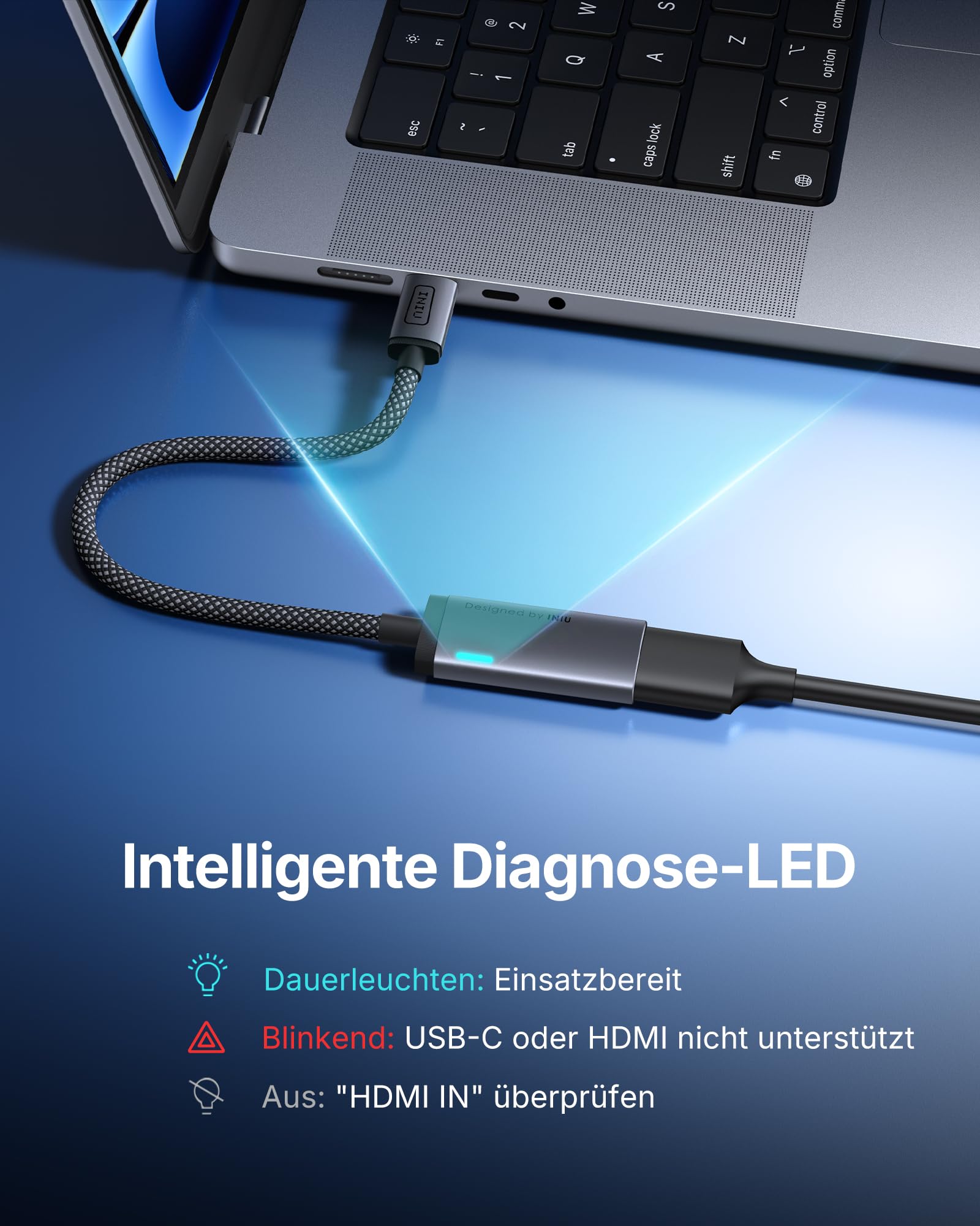 INIU USB C auf HDMI Adapter, Offiziell HDMI-zertifiziert mit intelligenter Diagnose-LED, 4K@60Hz kompatibel mit Thunderbolt 3/4 für MacBook Neo iMac iPad iPhone 17 16 Samsung Steam Deck Gaming-Monitor 3