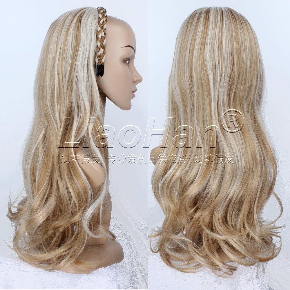Liaohan Fashion Long Wavy 3/4 Half Wig Fall with Braided Hairband Highlight Brown Blonde Hair Fall Color: 613H26